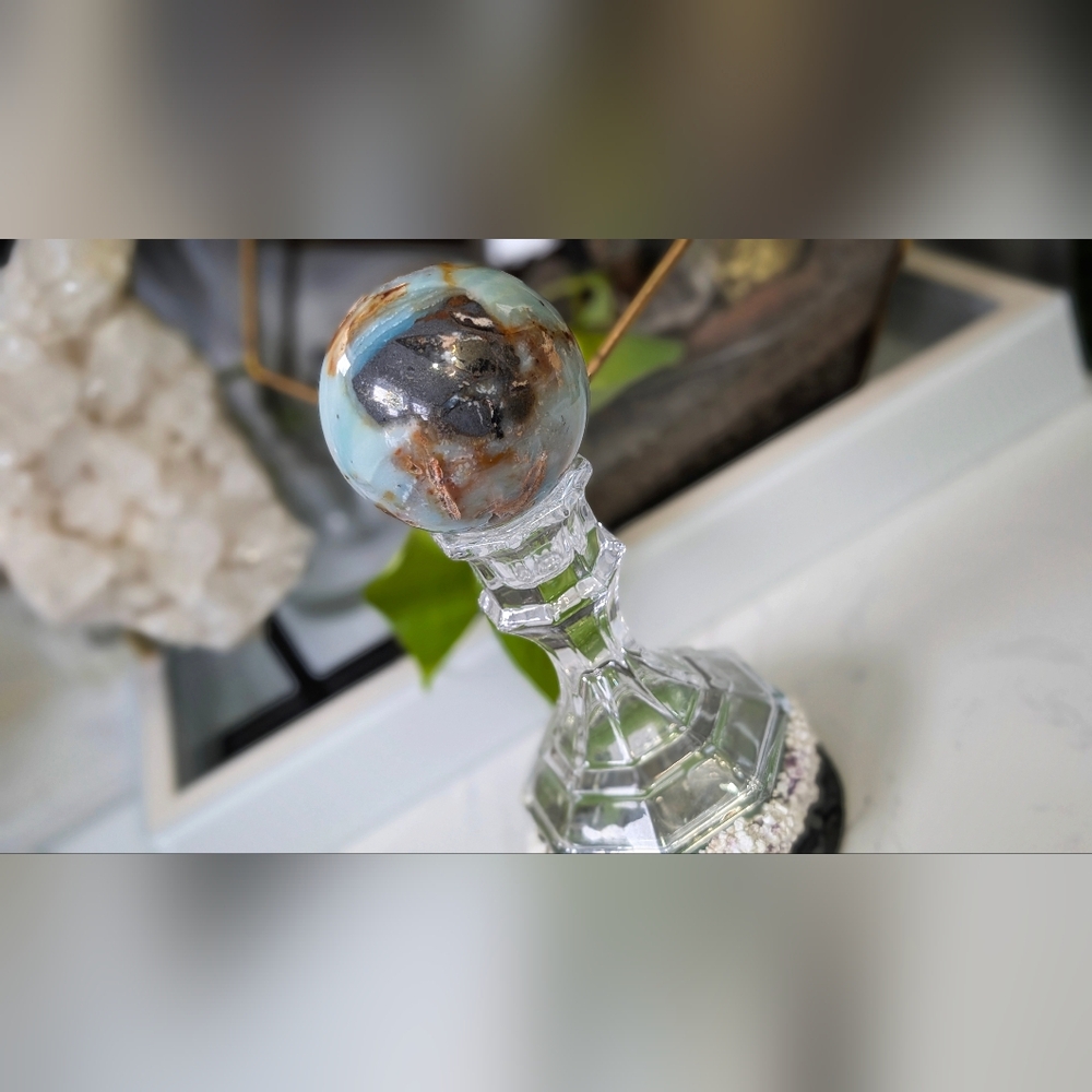 Amazonite & Pyrite Crystal Sphere with Glass Stand